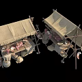 Traditional Meat Stalls With Canvas Awnings Hanging Meat Wooden Barrels and Sacks