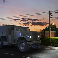 Military Truck Parked Roadside At Dusk With Utility Pole Street Lamp Hedge Brick Wall
