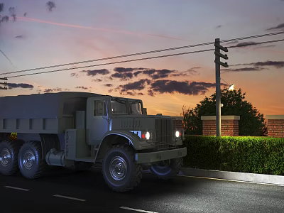 Military Truck Parked Roadside At Dusk With Utility Pole Street Lamp Hedge Brick Wall 3d model