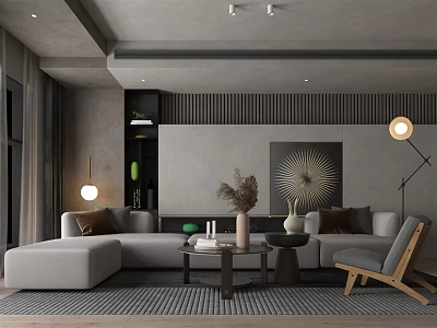 Minimalist Modern Living Room Interior With Gray Sofa Rug Coffee Table And Floor Lamp 3d model