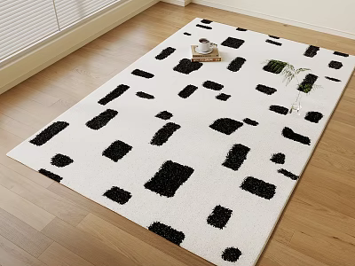 Square Rug With White Background And Black Square Patterns On Wooden Floor 3d model