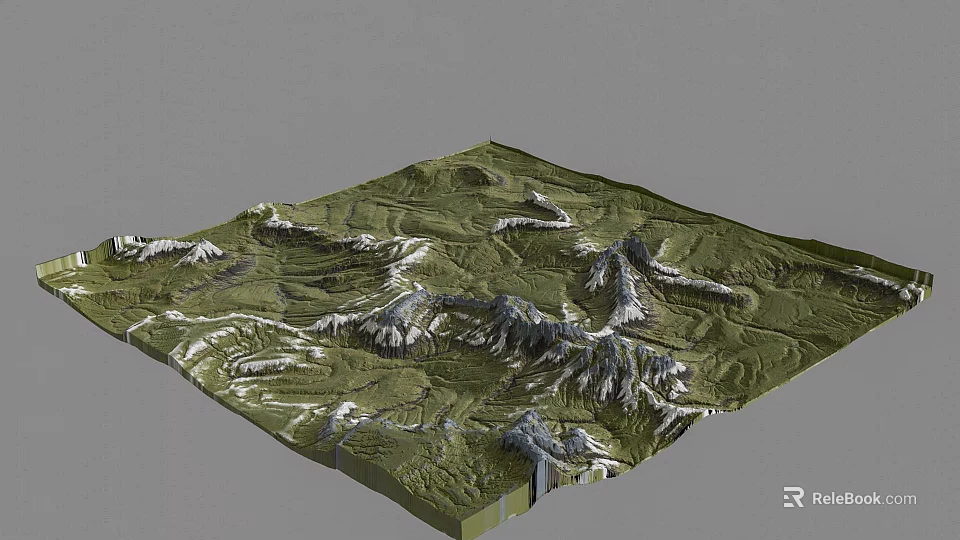 Scenic Mountain Landscape With Snow Capped Peaks And Green Rolling Terrain 3d model 