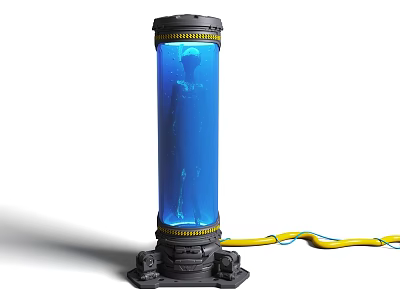Cylindrical Blue Transparent Container With Black Base Holding Small Creature And Colored Wires 3d model