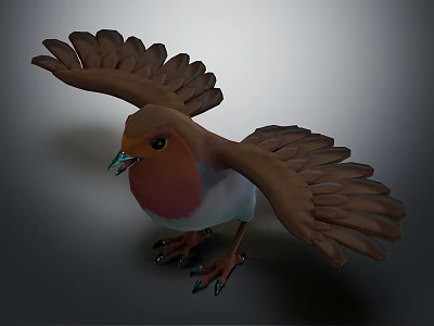 Realistic 3D Bird Model With Brown Feathered Wings Red Chest White Belly And Open Wings 3d model