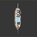 Traditional Wooden Water Transport Boat With Blue Hull Brown Upper Structure Masts Ropes