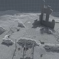 Ruined Building Components Including Stone Walls Sandbags Ladders And Gravel Ground