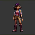 A Woman 3D Character Model With Short Purple Hair Pink Vest Shorts And Pink Boots