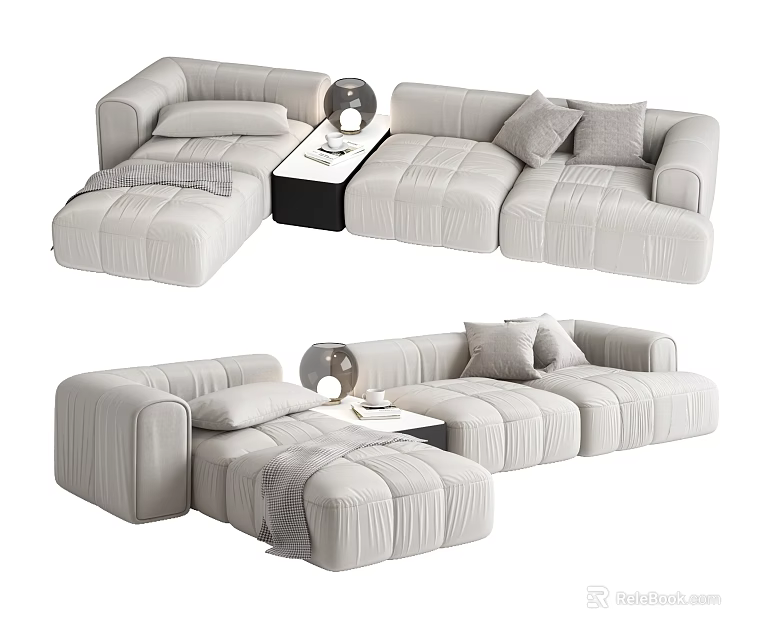 Light Gray Tufted Sectional Sofa With Side Table Table Lamp And Throw Pillows 3d model