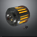Space Exploration Cylindrical Component With Orange Thermal Strips And Mini Rover