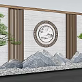 Chinese Modern Scenic Wall with Circular Landscape Painting Vertical Slats Stone Arrangement and Pine Trees