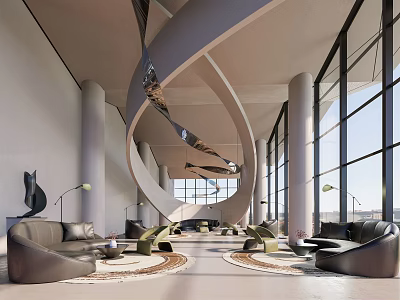 Modern Lounge Area Featuring Curved Decorative Structures Large Windows Sofas Round Rugs And Floor Lamps 3d model