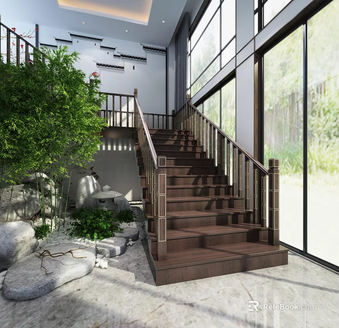 Wooden Staircase With Railings In Modern Interior Featuring Green Plants And Large Windows 3d model 