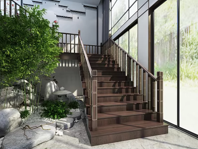 Wooden Staircase With Railings In Modern Interior Featuring Green Plants And Large Windows 3d model