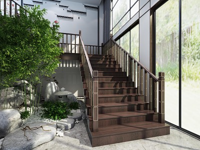 Stair Solid Wood Stair Railing 3d model