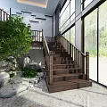 Wooden Staircase With Railings In Modern Interior Featuring Green Plants And Large Windows