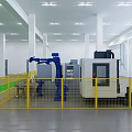 Industrial Factory Interior With Robotic Arms Yellow Safety Fences And Green Markings