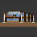 Cartoon Scene Of Colorful Block House With Brown Roof And Blue Windows On Green Base