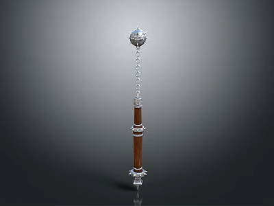 Medieval Weapon Design With Long Brown Shaft Silver Sphere Chain And Decorative Rings 3d model