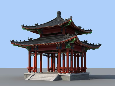 Traditional Chinese Pavilion With Red Columns Black Tiled Roof And Green Decorations Under Blue Sky 3d model
