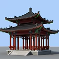 Traditional Chinese Pavilion With Red Columns Black Tiled Roof And Green Decorations Under Blue Sky