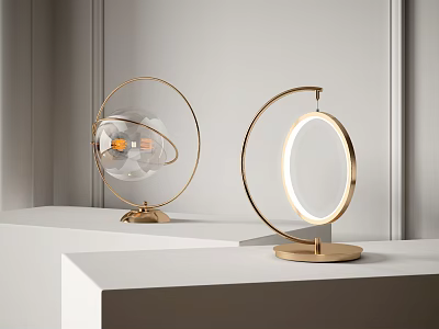 Two Elegant Modern Gold Circular Glass Base Table Lamps On White Display Stand 3d model