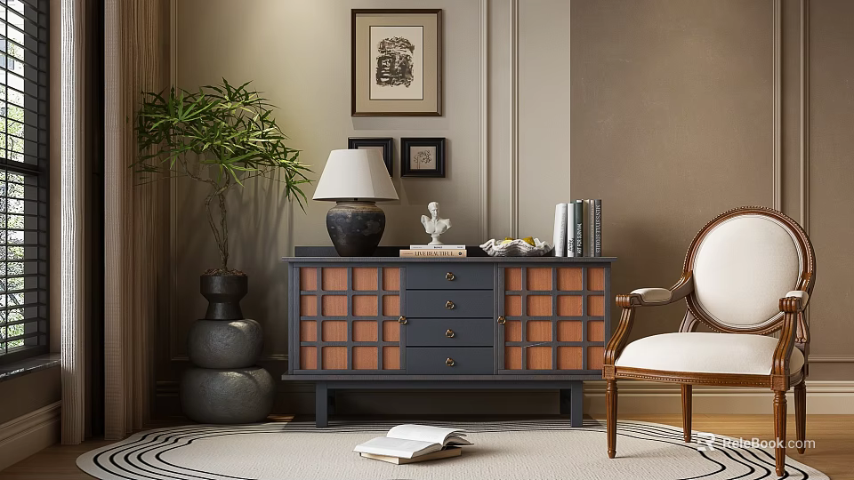 Modern Console Cabinet With Orange Grid Design Lamp Books Green Plant Armchair And Striped Rug 3d model 