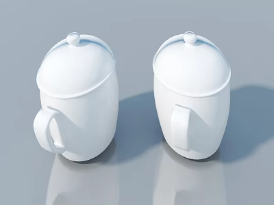 Two White Lidded Ceramic Cups Placed On Gray Surface With Reflection 3d model