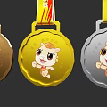 Gold Silver Bronze Sports Medals With Red Yellow Striped Ribbons