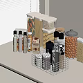 Organized Kitchen Countertop With Spice Jars And Storage Containers Near Window Blinds