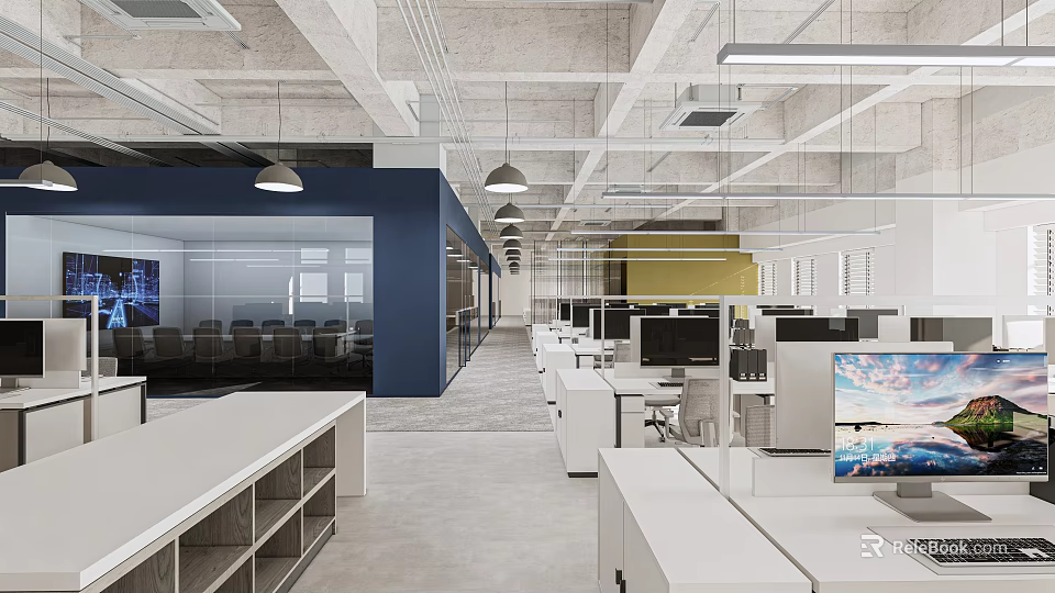 Modern Public Office Space Design With Open Workstations Computers And Glass Partitions 3d model