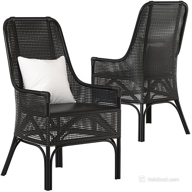 Modern Black Woven Rattan Leisure Chairs Featuring White Cushions And Armrests Design 3d model 