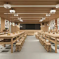 School Dining Hall with Long Wooden Tables Benches Hanging Lights and Wall Murals