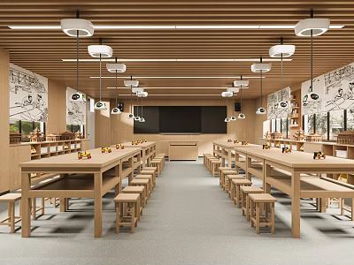 School Dining Hall with Long Wooden Tables Benches Hanging Lights and Wall Murals 3d model