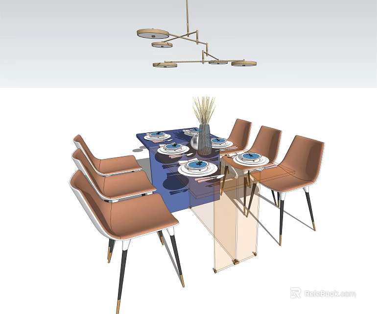 Modern Dining Table Set with Brown Leather Chairs Tableware Vase and Modern Chandelier 3d model