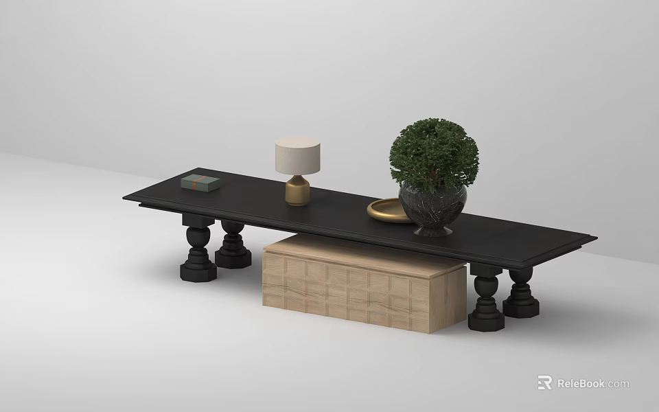 Modern Black Console Table With Lamp Green Plant Tray And Drawer Cabinet 3d model 