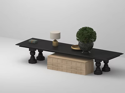Modern Black Console Table With Lamp Green Plant Tray And Drawer Cabinet 3d model