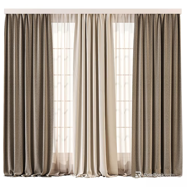 Layered Curtains With Textured Brown Panels And Sheer White Liners For Window Light Filtering 3d model 