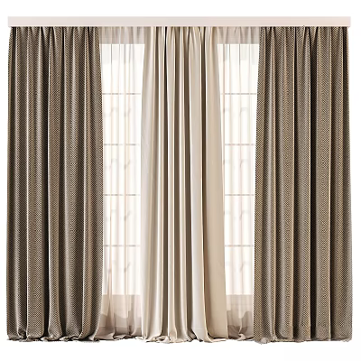 Layered Curtains With Textured Brown Panels And Sheer White Liners For Window Light Filtering 3d model