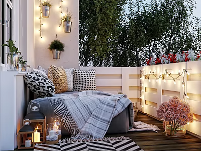 Cozy Home Balcony With Comfortable Sofa Pillows Blanket String Lights And Green Plants 3d model
