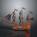 Vintage Model Sailing Ship With Multiple Masts Black Sails And Carved Wooden Details