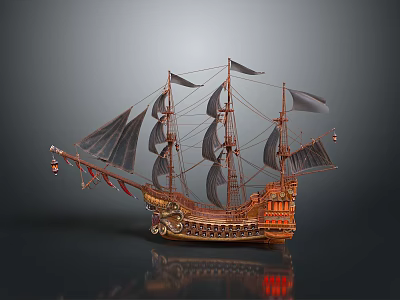 Vintage Model Sailing Ship With Multiple Masts Black Sails And Carved Wooden Details 3d model