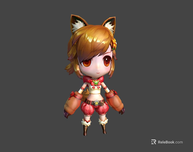 Cute Chibi Cartoon Girl Character With Fox Ears Brown Hair Red Eyes Red Pink Outfit 3d model 