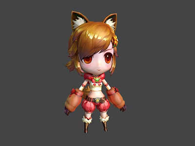 Cute Chibi Cartoon Girl Character With Fox Ears Brown Hair Red Eyes Red Pink Outfit 3d model