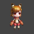Cute Chibi Cartoon Girl Character With Fox Ears Brown Hair Red Eyes Red Pink Outfit