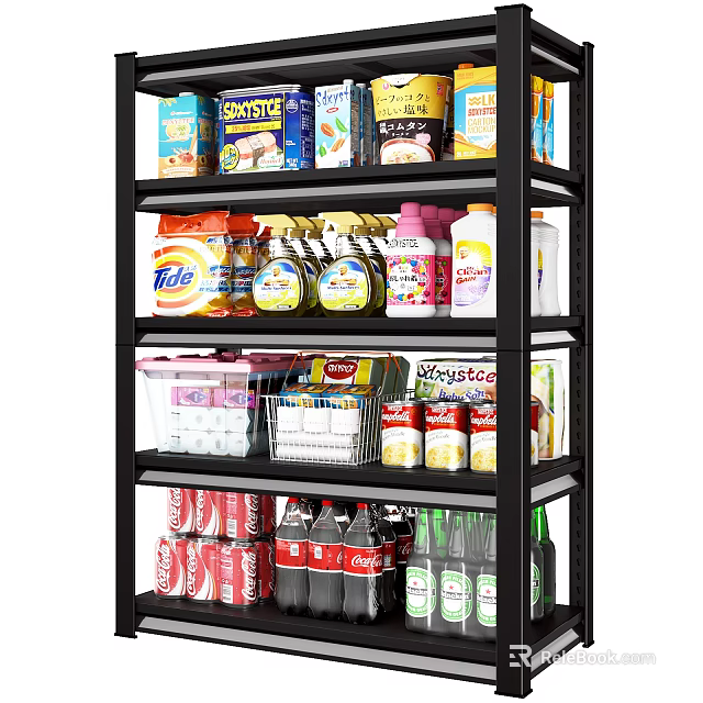 Multi Tier Black Storage Shelf Organizing Kitchen Food Drinks And Cleaning Supplies 3d model 