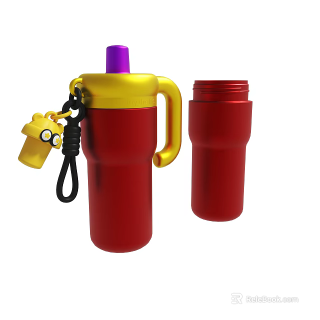 Red Thermos Cup With Yellow Purple Lid Small Yellow Pendant And Another Red Cup 3d model 