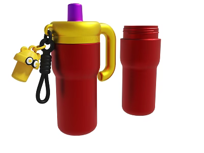 Red Thermos Cup With Yellow Purple Lid Small Yellow Pendant And Another Red Cup 3d model