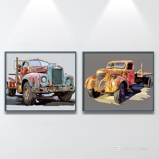 Two Vintage Truck Paintings As Wall Decor With Rustic Weathered Design 3d model