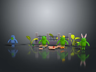 Cartoon Characters Blue Figure Green Creatures With Rabbit Ears Near Plants Fence On Reflective Surface 3d model