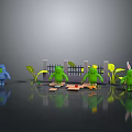 Cartoon Characters Blue Figure Green Creatures With Rabbit Ears Near Plants Fence On Reflective Surface